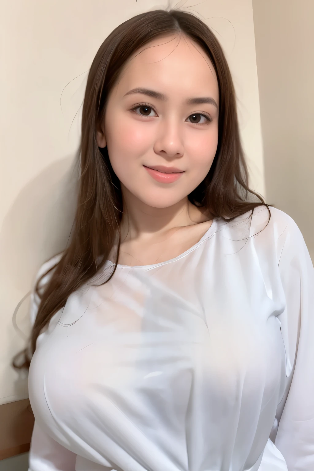 adorable, 1 girl, (face to face), , baby face, happy, half body portrait, (face details: 1), (eye details:1), ((big breasts)). wearing transparent transparency long shirt, .. Cute posed. proportional body. Ultra High Res. realistic: 1.4, UHD,