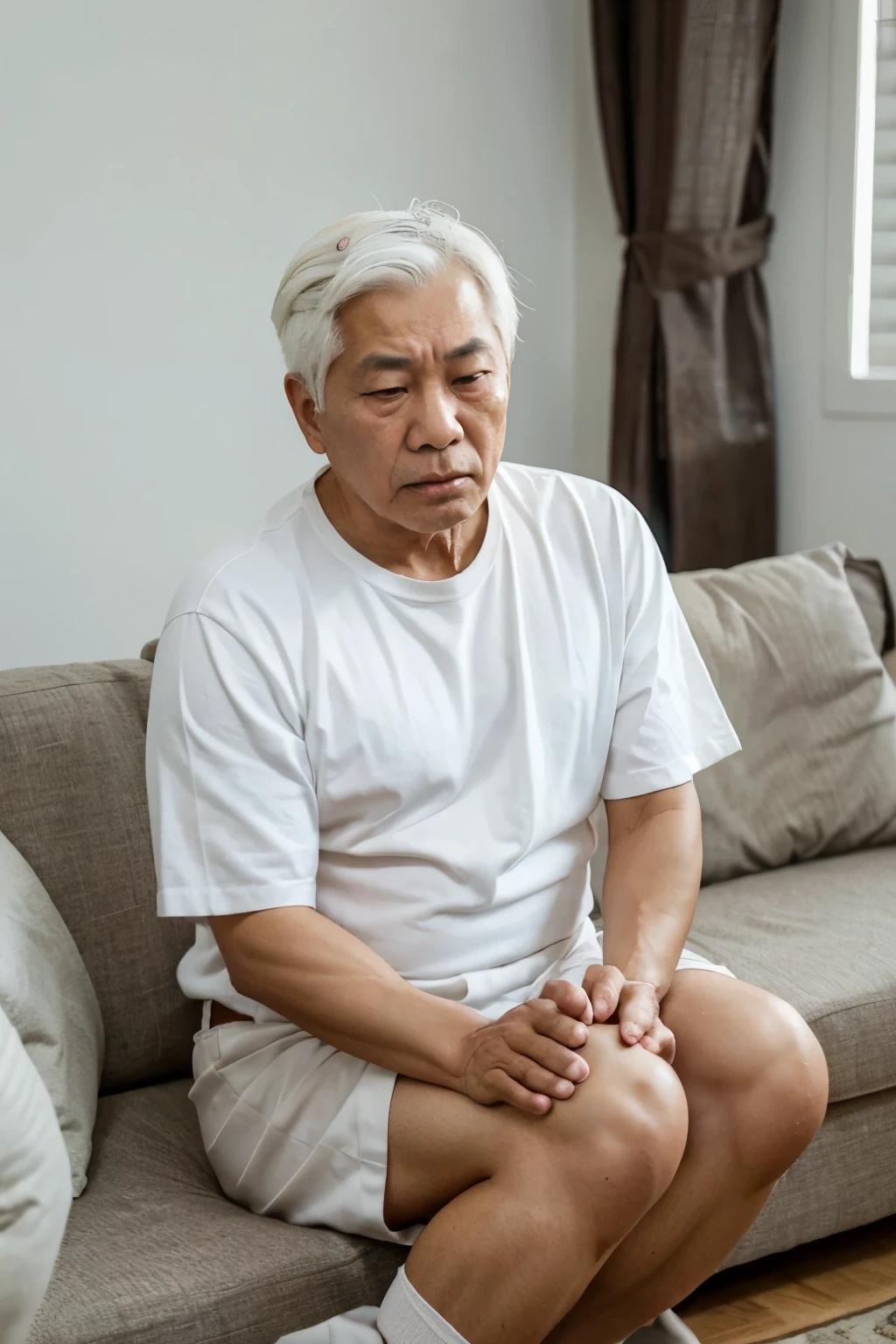 65 year old asian man with white hair sitting in a living room clutching his knee and pained expression