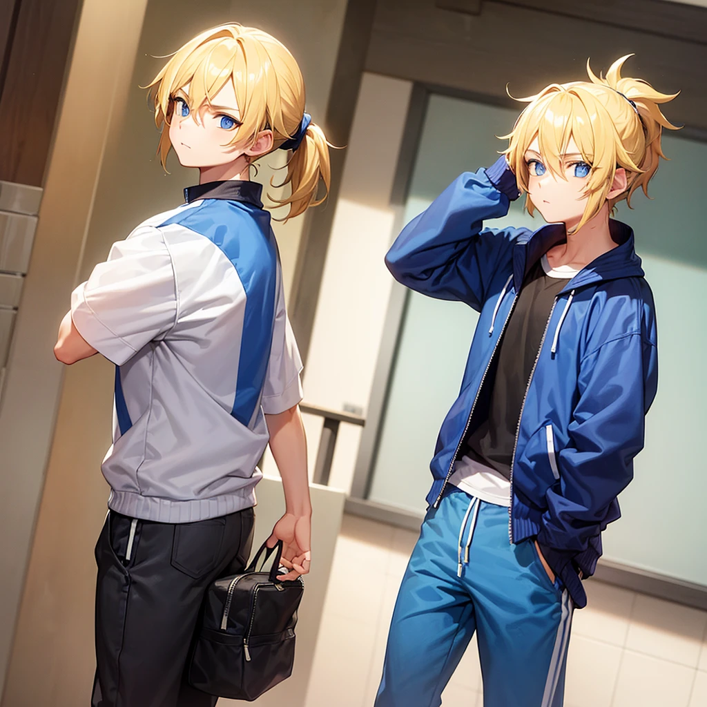 A boy, with ponytail, His hair is yellow, his eyes are blue, he wears a baseball jacket and wears a blue vast, school,