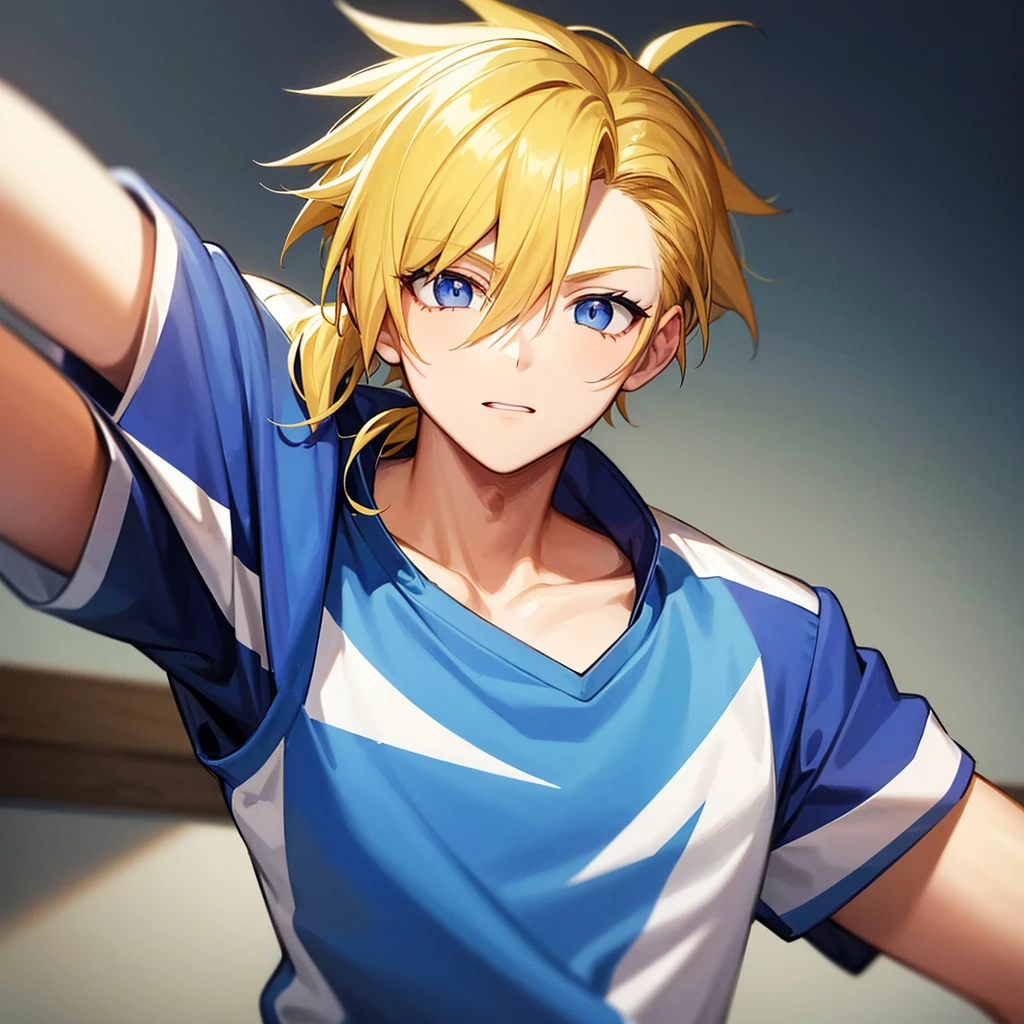 A boy, with ponytail, His hair is yellow, his eyes are blue, he wears a baseball jacket and wears a blue vast, school,