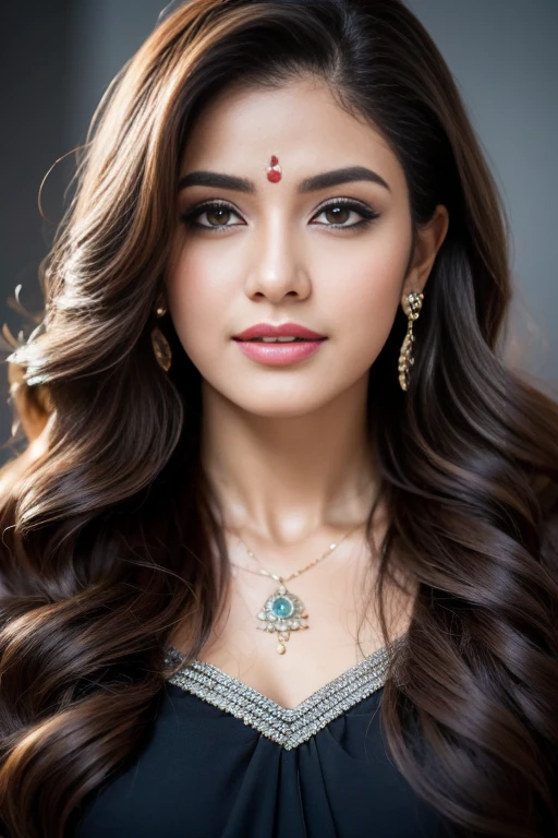Portrait of A confident-looking indian woman with long flowing hair, hazel eyes, with flowing capes, perfect composition, hyperrealistic, super detailed, 8k, high quality, trending art, trending on artstation, sharp focus, studio photo, intricate details, highly detailed, super crazy hairstyles, beautiful long hairs, crazy long hairs, super long hairs, long hair, crazy long hairs, super long hairs , Long wavy hairstyle