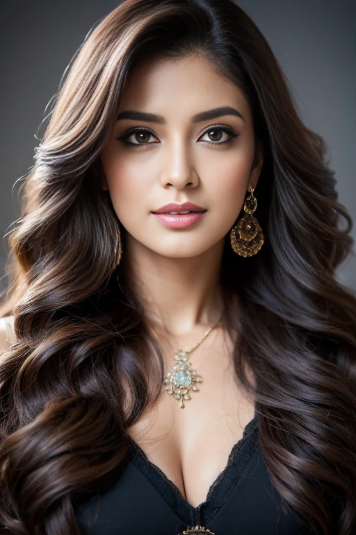 Portrait of A confident-looking indian woman with long flowing hair, hazel eyes, with flowing capes, perfect composition, hyperrealistic, super detailed, 8k, high quality, trending art, trending on artstation, sharp focus, studio photo, intricate details, highly detailed, super crazy hairstyles, beautiful long hairs, crazy long hairs, super long hairs, long hair, crazy long hairs, super long hairs , Long wavy hairstyle