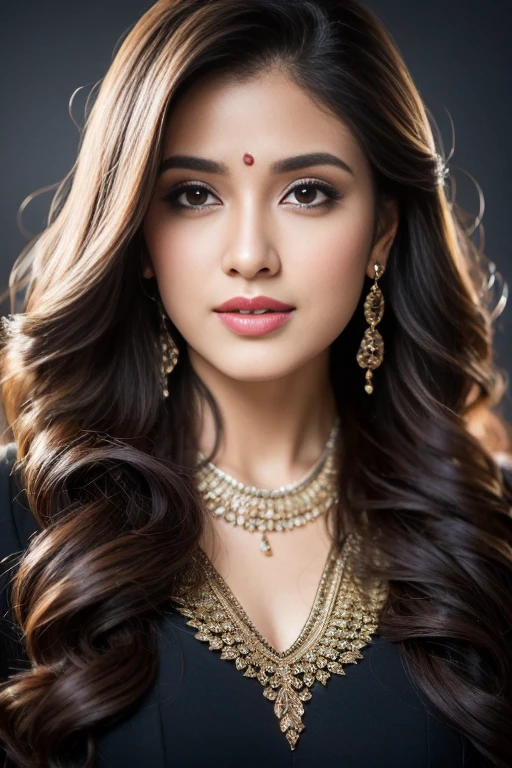Portrait of A confident-looking indian woman with long flowing hair, hazel eyes, with flowing capes, perfect composition, hyperrealistic, super detailed, 8k, high quality, trending art, trending on artstation, sharp focus, studio photo, intricate details, highly detailed, super crazy hairstyles, beautiful long hairs, crazy long hairs, super long hairs, long hair, crazy long hairs, super long hairs , Long wavy hairstyle
