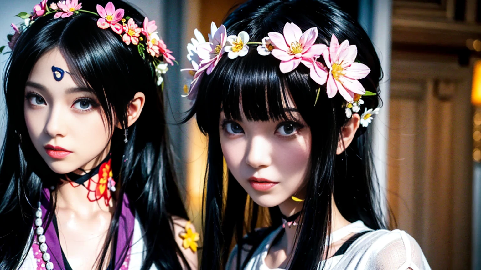 Anime girl with long black hair wearing a white shirt and a flower crown, Beautiful anime portraits, Stunning Anime Face Portraits, Beautiful Anime Girls, Cute realistic portrait, Detailed portrait of an anime girl, Anime Girl Portrait, Realistic Anime 3D Style, realistic Young Anime Girl, Realistic anime art style, Young Anime Girl, Anime realism style, Realistic anime art style