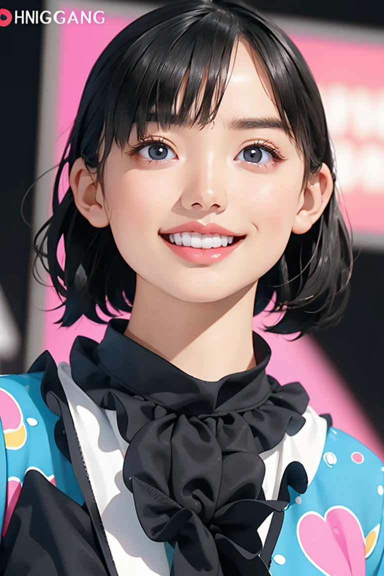 One woman、18-year-old、masterpiece、Highest quality、Ultra-detailed、Japanese、Like an idol、Black Hair、laughter、Short Hair、Clear, natural eyes、round face、Plump face、Very detailed、Beautiful detailed eyes、Beautiful detailed sparkle、Detailed light、Shiny Hair、Random pose、Random Angle、Very detailedな肌、(Curvaceous:1.0)、Headphones、Hip Hop Style、Colorful clothing、Dynamic pose、Slow motion、、(neon_background:1.1)Blur the background、Full Body Shot