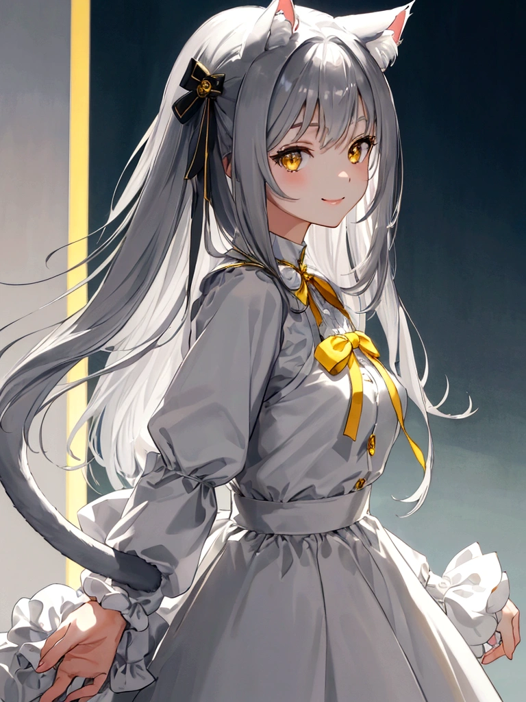 ((masterpiece)), ((best quality)), (from side), (close-up:1.3), (half-body shot:1.36), perfect ???????, 1girl, solo, cat girl, gray hair, yellow eyes, gray cat ears, gray fluffy cat tail, short-sleeved white dress, standing straight, smiling, lighting from front, looking at viewers