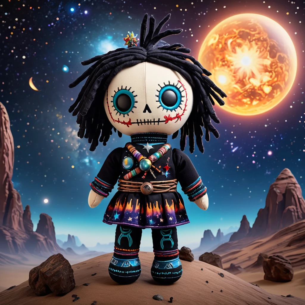 (knitted toy voodoo doll:1.9), (Voodoo Crow:1.3), (Clothing: cosmic robe with star constellation patterns, glowing belt with planetary symbols:1.0), (Accessories: energy staff with floating planets, anti-gravity boots, headpiece with meteorite fragments:1.2), (background: surface of a distant planet with alien flora and mysterious monoliths, starry sky with the Milky Way in the background:1.2), best quality, masterpiece, detailed soft oil painting, detailed background, dramatic cinematic lighting, soft edge lighting, professional, dramatic lighting, hard edge lighting, ultra quality, 4k,masterpiece, best quality, 8k, ultra highres, highres, extremely detailed