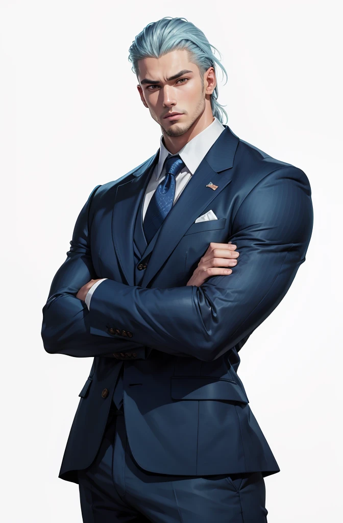 Drawing of a young Chad, Dark blue suit,hong'se'r tie, White shirt,Pants,入耳式earphone,earphone, Looking at the camera, male,Silver short hair,Blue Eyes,muscle,bodyguard,Light and Shadow,(Luminescence:1.5),(Cyberpunk:1.5)