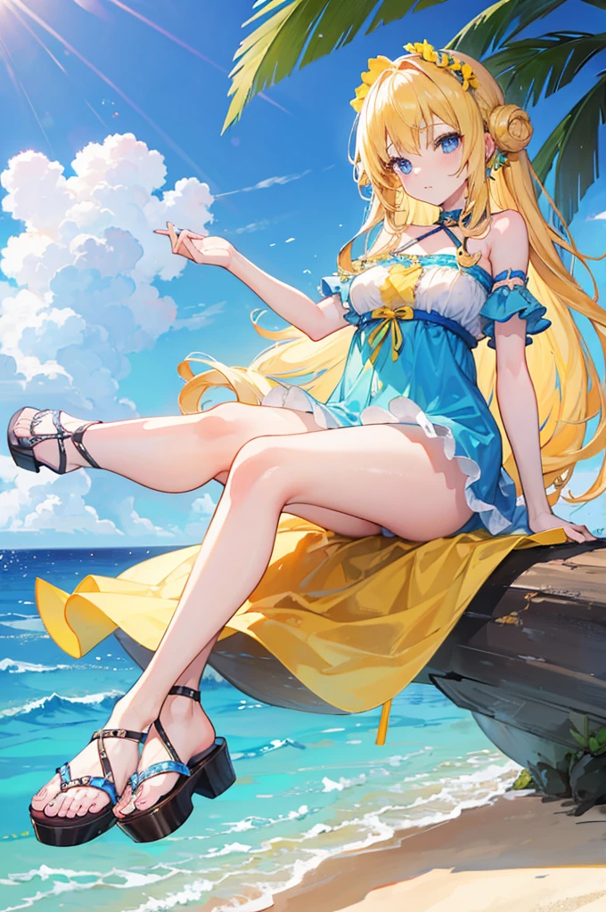 1girl, long blonde curly hair, blue eyes, wearing yellow sundress, sandals, sexy feet, beach, absurdres, high res, ultrasharp, 8K, masterpiece, looking at viewer