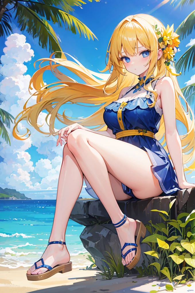 1girl, long blonde curly hair, blue eyes, wearing yellow sundress, sandals, sexy feet, beach, absurdres, high res, ultrasharp, 8K, masterpiece, looking at viewer