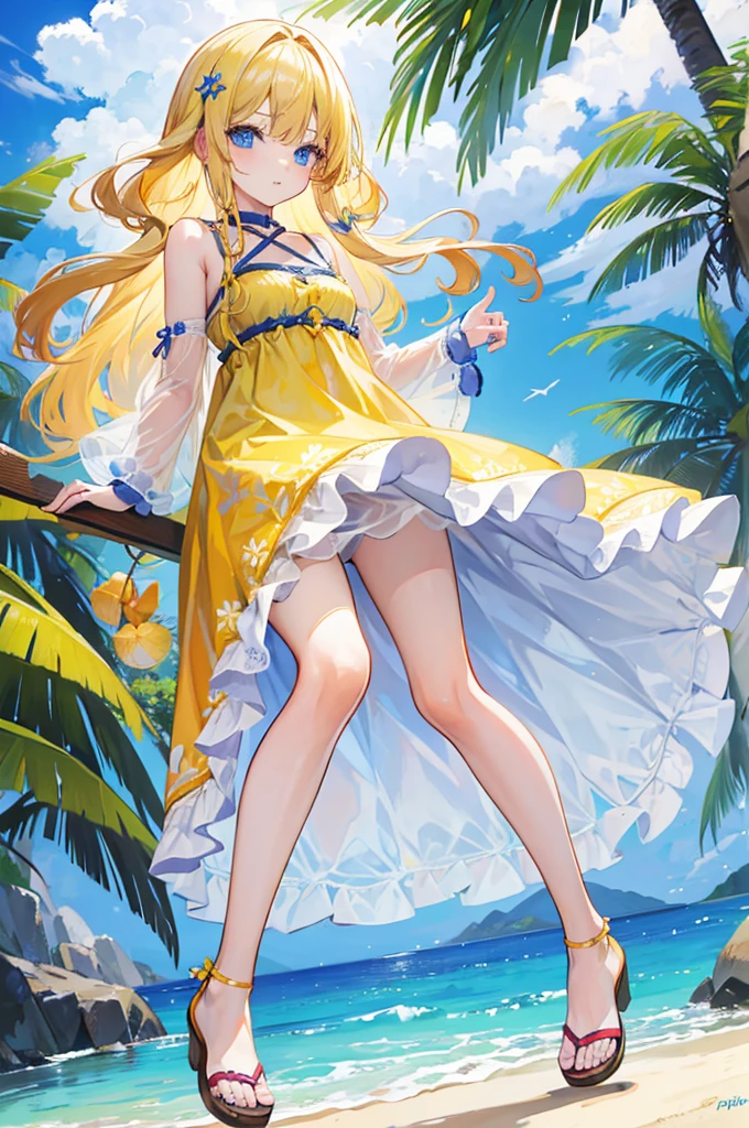 1girl, long blonde curly hair, blue eyes, wearing yellow sundress, sandals, sexy feet, beach, absurdres, high res, ultrasharp, 8K, masterpiece, looking at viewer