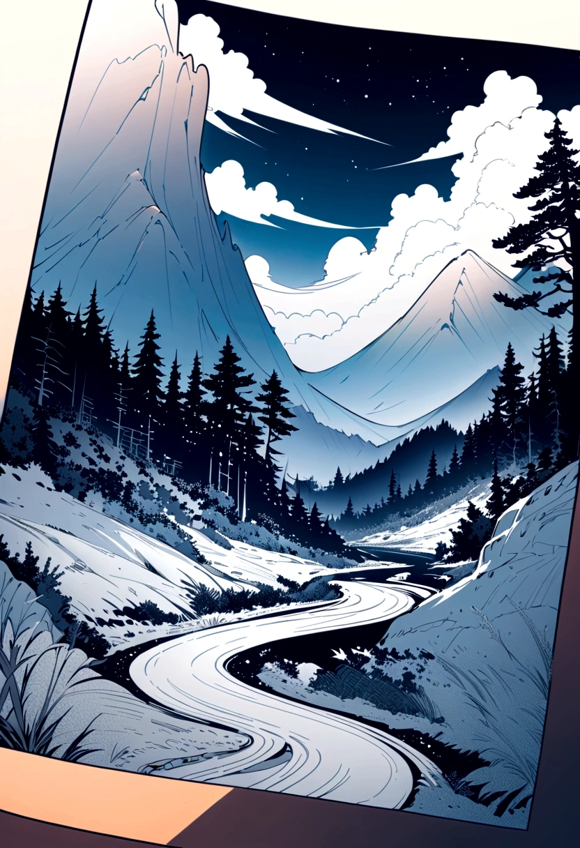 Detailed depiction of an intricate Japanese forest painting, Background Galaxy, cloud, Bright colors, High Contrast, Mountain, Vector line art, Orange highlights, photograph, stick, high quality, corner々to,