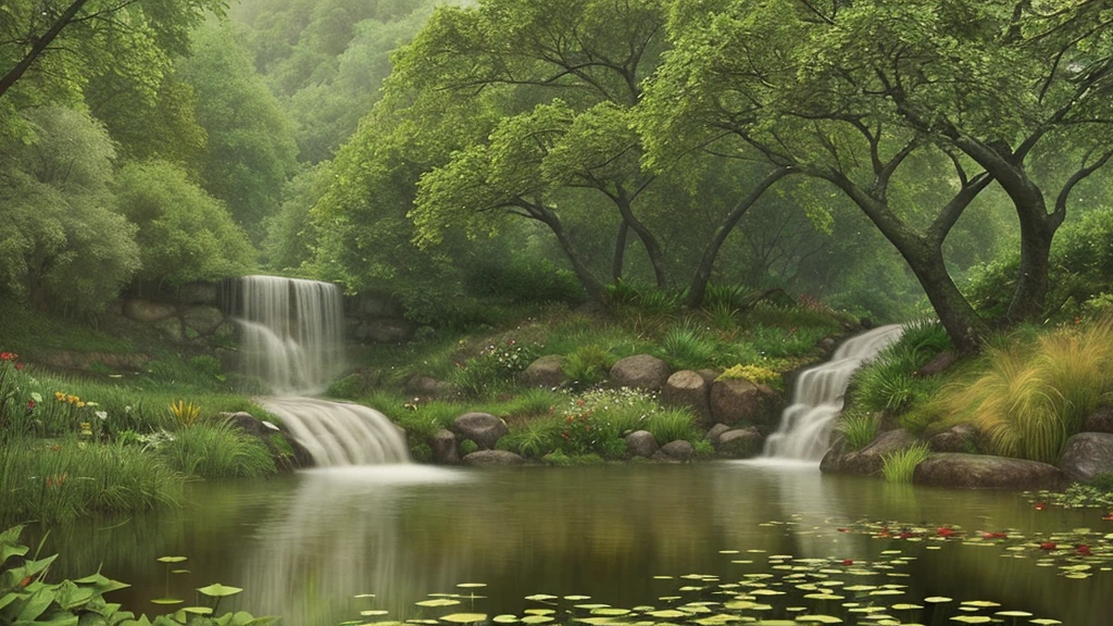"A breathtakingly beautiful and realistic illustration of a daytime natural landscape in the rain. The scene features lush greenery, vibrant flowers, and a serene river or lake. The rain adds a delicate touch, with raindrops creating ripples on the water's surface and glistening on the leaves and petals. The colors are rich and harmonious, creating a tranquil and enchanting atmosphere. There are no people in the scene, allowing the viewer to fully appreciate the peacefulness and beauty of nature. The artwork should convey a sense of calm and tranquility, with meticulous attention to natural details, reflections, and lighting effects. The overall effect should be one of realism and aesthetic appeal, capturing the essence of a rainy day in a beautiful natural setting."
