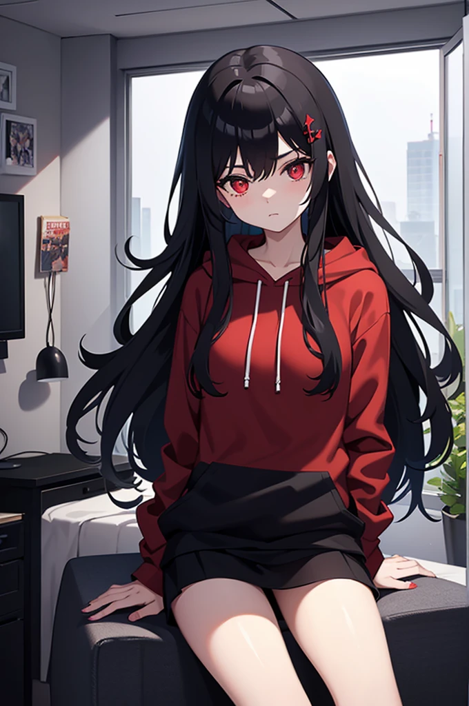 1 gothic girl with black hair red eyes a black hoodie in her room