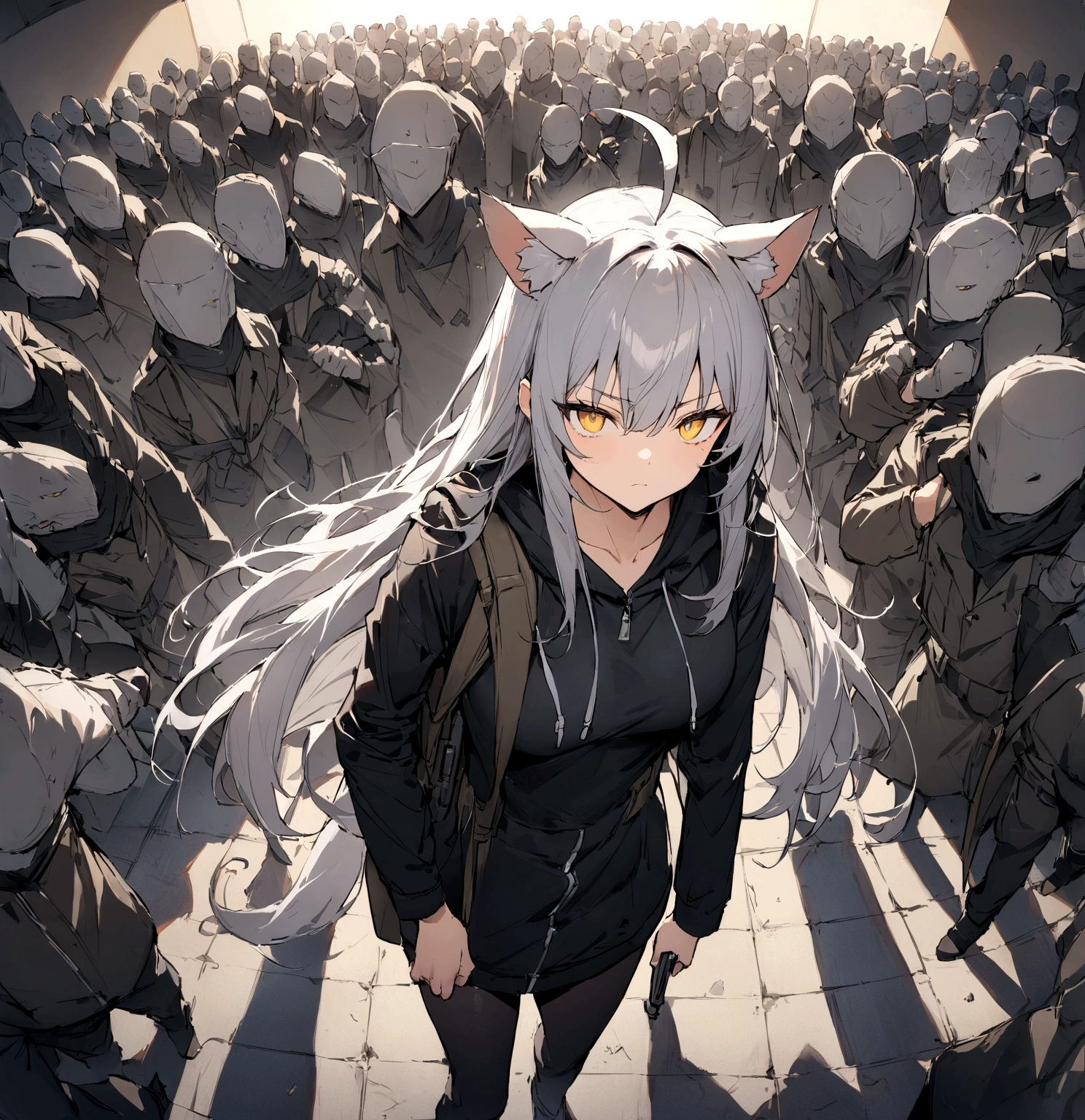 Serious face、A large number of subordinates can be seen in the distance、Surrounded by operatives、Give a command、Secret Police Meeting Room、Gray cat ears、Gray cat ears、(masterpiece, best quality:1.2), 1girl, 独奏、Grey long hair、Ahoge、Yellow Eyes、Background of a military base with guns、Fisheye Lens、battlefield、Shadows of light and darkness、Expressionless、battle、Gray trench coat、Put a black hoodie over your arm、Surrounded by enemies、Zip hoodie worn over the arm
