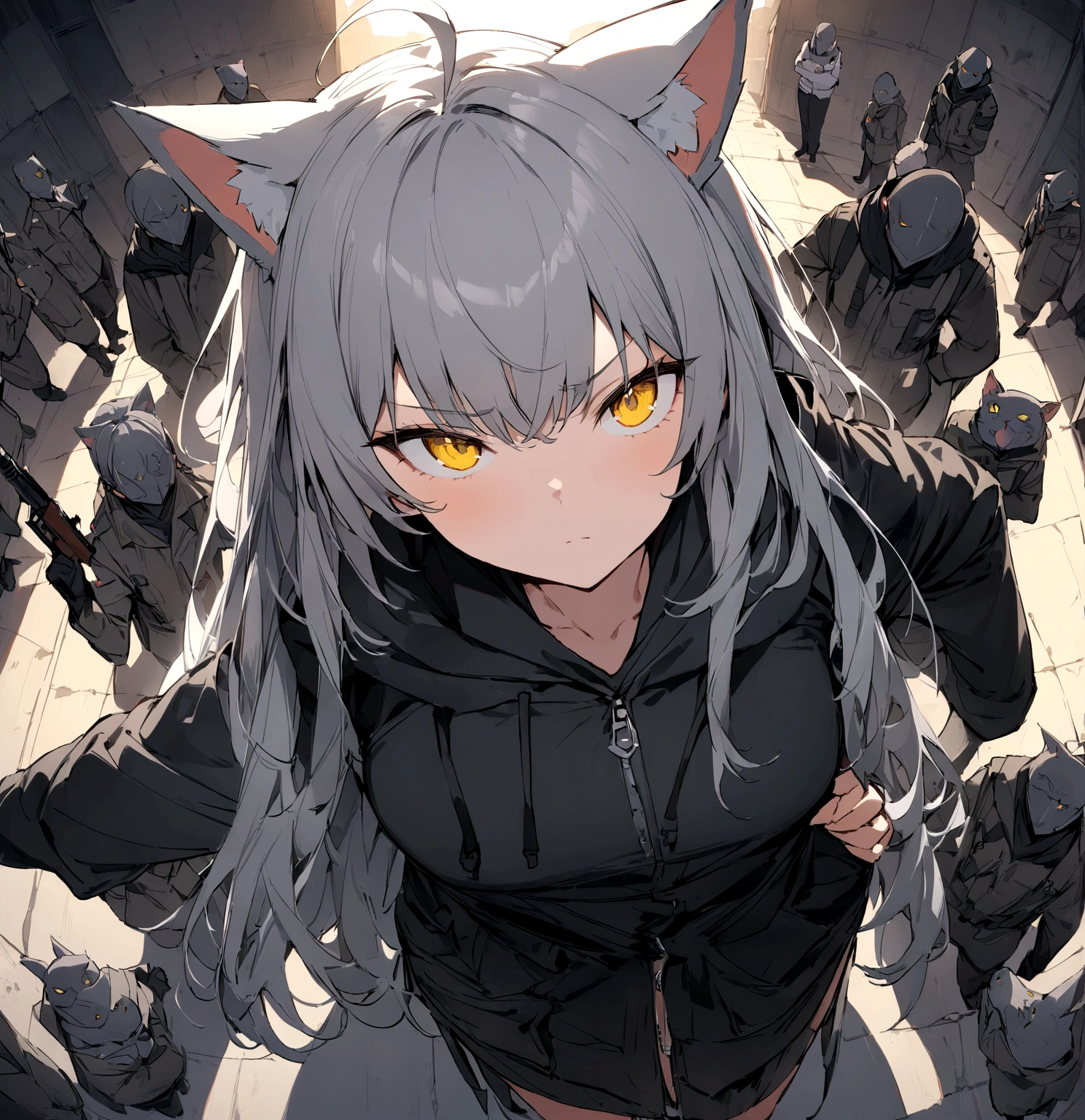 Serious face、A large number of subordinates can be seen in the distance、Surrounded by operatives、Give a command、Secret Police Meeting Room、Gray cat ears、Gray cat ears、(masterpiece, best quality:1.2), 1girl, 独奏、Grey long hair、Ahoge、Yellow Eyes、Background of a military base with guns、Fisheye Lens、battlefield、Shadows of light and darkness、Expressionless、battle、Gray trench coat、Put a black hoodie over your arm、Surrounded by enemies、Zip hoodie worn over the arm