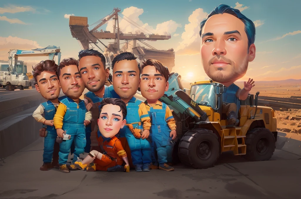 arafed picture of a group of men in blue overalls standing in front of a construction vehicle, caricature illustration, caricature style, cartoon digital painting, proffesional illustration, caricature, cartoon artstyle, potrait, in cartoon style, professional illustration, cartoon digital art, stylized digital illustration, professional artwork, digital art cartoon, official illustration, caricature!!!