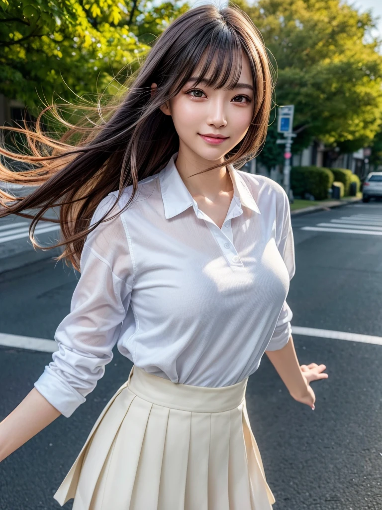 8K,Highest quality, Tabletop, Ultra-detailed, 超High resolution, Realistic, RAW Photos, Absurd, The absolute solution, One Girl, Upper Body Shot, View your viewers,Young and beautiful woman in Japan, Super cute face, Attractive person, Large Breasts,Long Bob Hair,smile,(school uniform:1.3),Beautiful Eyes,(the wind is strong:1.3), 混雑した道をsmileで歩く,Glossy Lips, Double eyelids on both eyes, Natural Makeup, Long eyelashes, 光沢のある滑らかなライトブラウンのLong Bob Hair, Asymmetrical bangs, Shiny skin, Center image, High resolution, Attention to detail, Detailed hairstyle, Detailed face, Great cinema lighting, Octane Rendering, Vibrant, Ultra-realistic, Perfect limbs, Perfect ???????