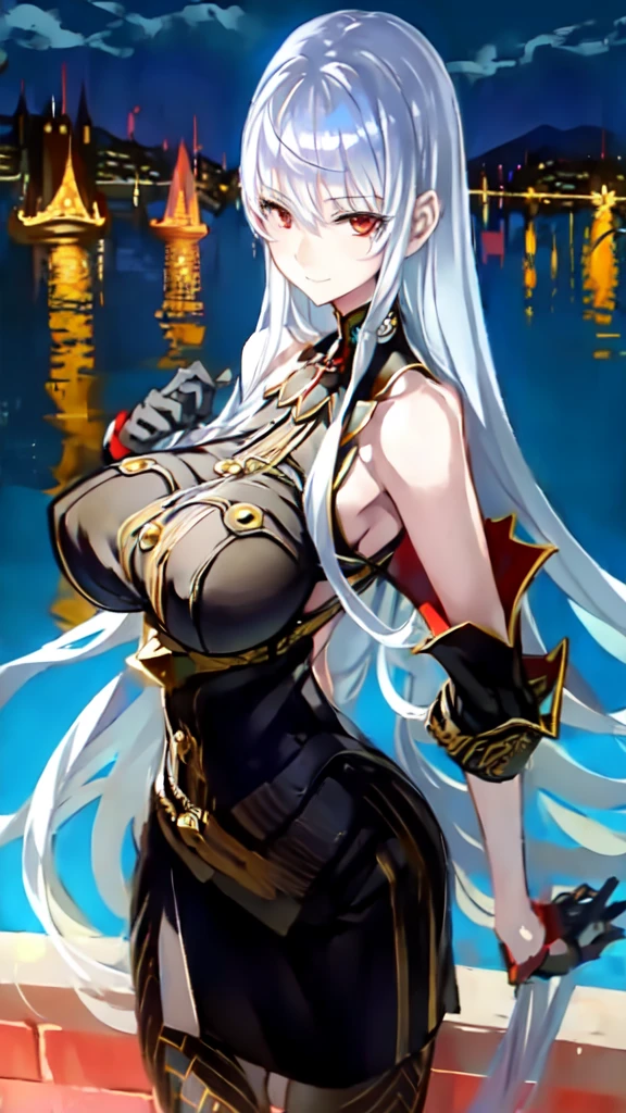 (((masterpiece))), best quality, 1girl, pantyhose, silver hair, red eyes, park in the night with fountains background, looking at viewer, smile, busty, highly detailed face