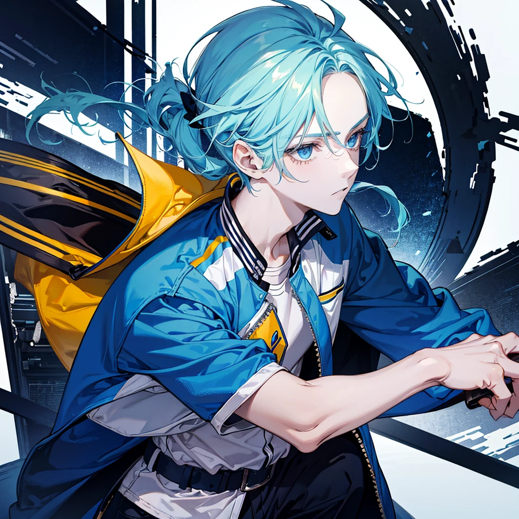A boy, with ponytail, His hair is yellow, his eyes are blue, he wears a baseball jacket and wears a blue vast, school,
