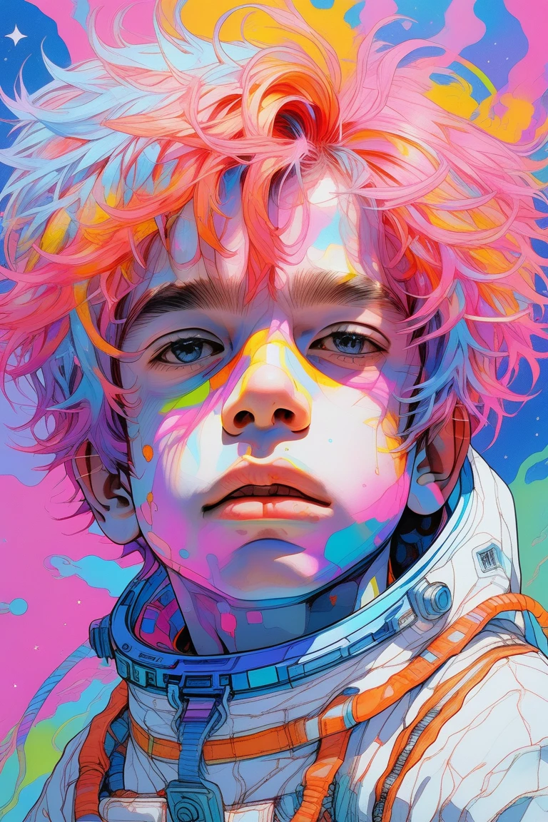 (Realistic:1.1),light blue ,Oil Color,(One boy ),,lip, Laryngeon,Rice bran, Rust gradient background, Fluorescent purple hair,Shag Hair, astronaut ,, (masterpiece,Highest quality,Rainbow Style)
