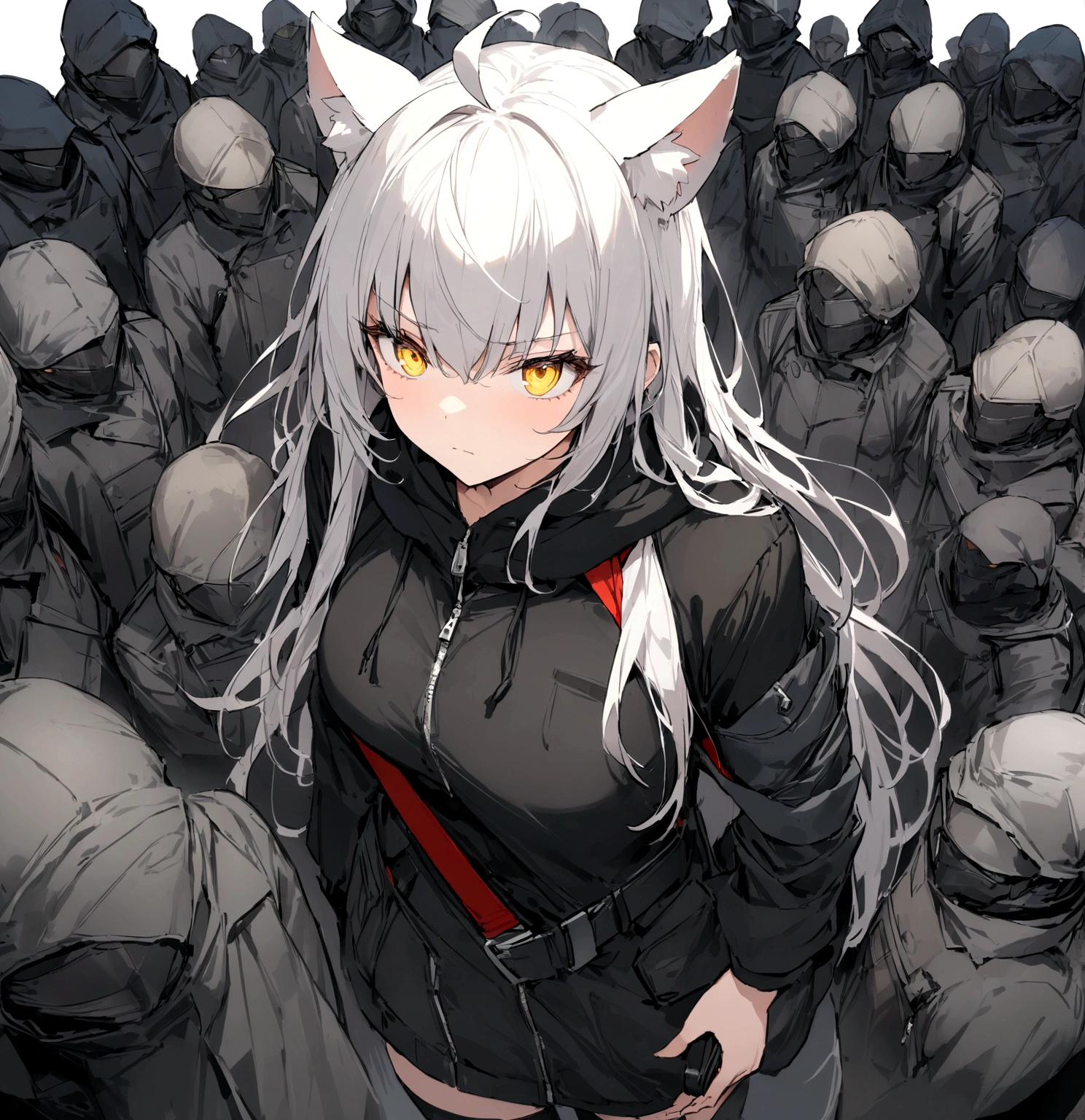 A rally with military flags in the background、Serious face、A large number of subordinates can be seen in the distance、Surrounded by operatives、Give a command、Secret Police Meeting Room、Gray cat ears、Gray cat ears、(masterpiece, best quality:1.2), 1girl, 独奏、Grey long hair、Ahoge、Yellow Eyes、Background of a military base with guns、Fisheye Lens、battlefield、Shadows of light and darkness、Expressionless、battle、Gray trench coat、Put a black hoodie over your arm、Surrounded by enemies、Zip hoodie worn over the arm