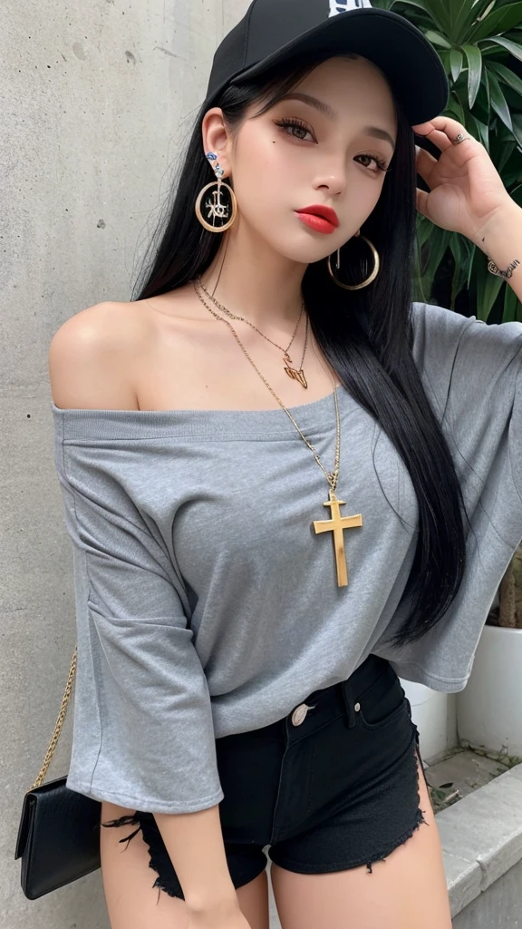 “A young woman with long black hair and gray eyes, wearing earrings. She has on an off-shoulder shirt and is styled like a rapper. She has tattoos on her arms and neck and wears a baseball cap backwards. She also has a cross necklace and is sticking out her tongue.”
