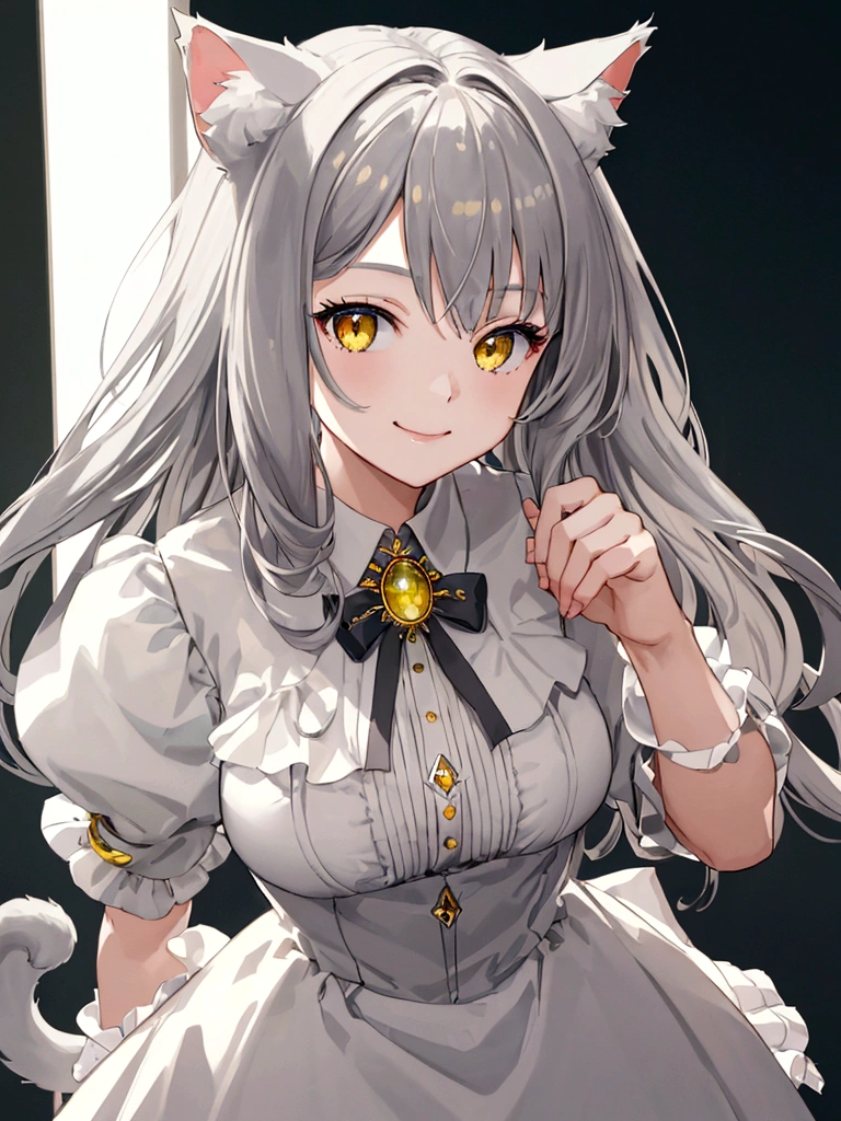 ((masterpiece)), ((best quality)), (from front), (close-up:1.3), (half-body shot:1.36), perfect anatomy, 1girl, solo, cat girl, gray hair, yellow eyes, gray cat ears, gray fluffy cat tail, short-sleeved white dress, standing straight, smiling, lighting from front, looking at viewers