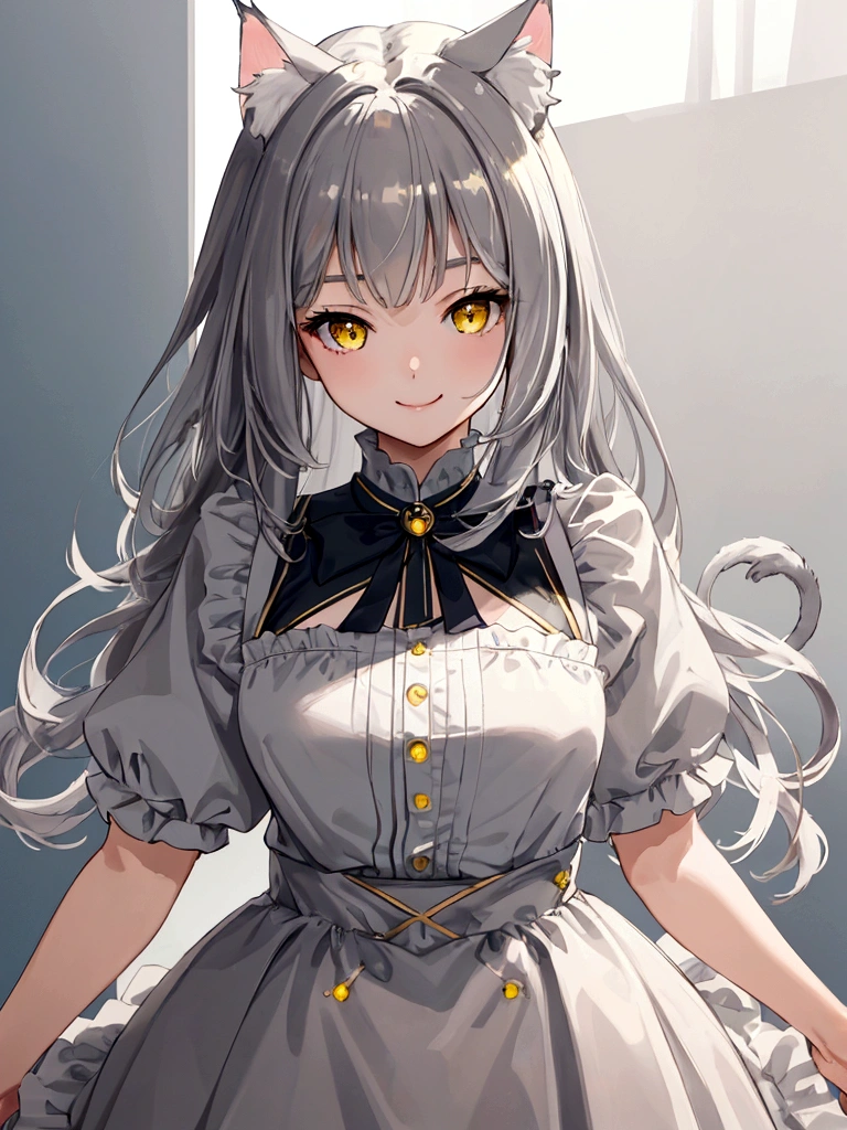 ((masterpiece)), ((best quality)), (from front), (close-up:1.3), (half-body shot:1.36), perfect anatomy, 1girl, solo, cat girl, gray hair, yellow eyes, gray cat ears, gray fluffy cat tail, short-sleeved white dress, standing straight, smiling, lighting from front, looking at viewers