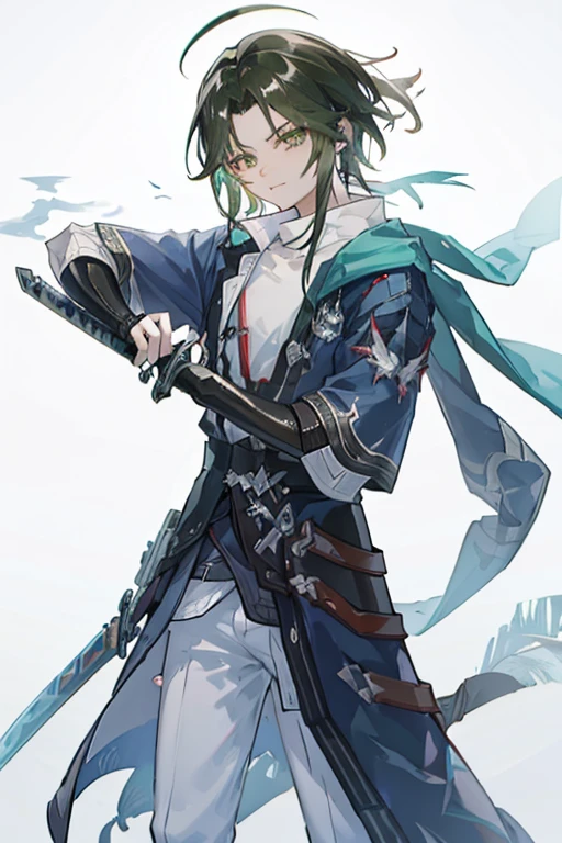 Greenish-black hair Adult male cool He is slashing at me with a worn-out sword with a rotten blade. Serious expression He is wearing a tight black coat Combat posture