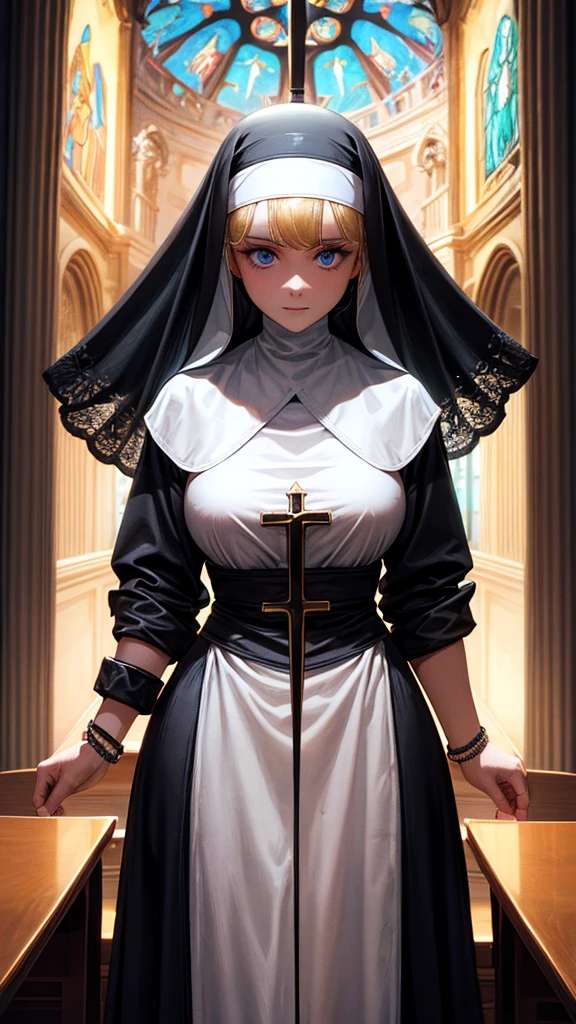 A nun in the middle of a church wearing a bikini, high quality in 4k, high resolution, textura de pele realista, amazing shadows, extreme detailed texture, perfect lighting, top-notch image quality, inspired, skin black, hair blonde, outlined blue eyes, outlined face, bracelet, whole body, in church 
