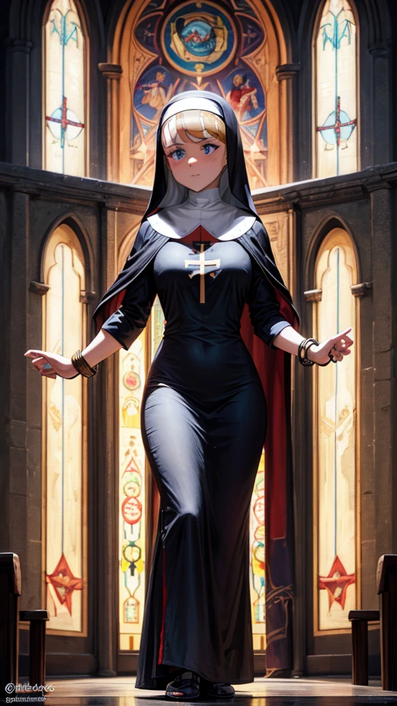 A nun in the middle of a church wearing a bikini, high quality in 4k, high resolution, textura de pele realista, amazing shadows, extreme detailed texture, perfect lighting, top-notch image quality, inspired, skin black, hair blonde, outlined blue eyes, outlined face, bracelet, whole body, in church