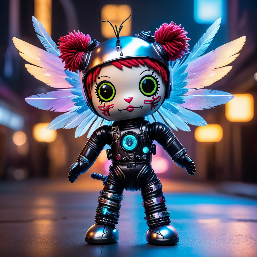 (knitted toy voodoo doll:1.9), (Voodoo Rat:1.3), (Clothing: semi-synthetic jumpsuit with shimmering holographic inserts, built-in LED panels:1.0), (Accessories: bionic wings with laser feathers, plasma gloves, holographic crown band:1.2), (background: high-tech city of the future with floating platforms and giant holograms, flying cars and robots in the background:1.2), best quality, masterpiece, detailed soft oil painting, detailed background, dramatic cinematic lighting, soft edge lighting, professional, dramatic lighting, hard edge lighting, ultra quality, 4k,masterpiece, best quality, 8k, ultra highres, highres, extremely detailed
