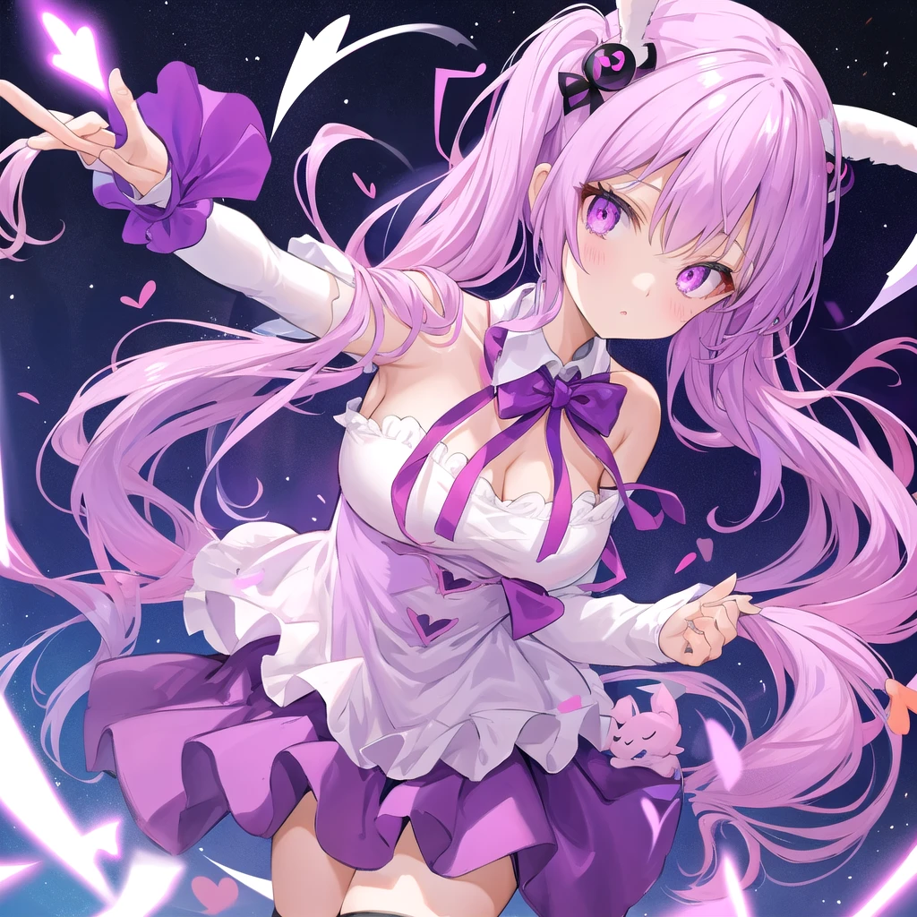 A light purple hair, shes a bunny also a demon, shes wearing purple casual outfits, her eyes are yellow and pink