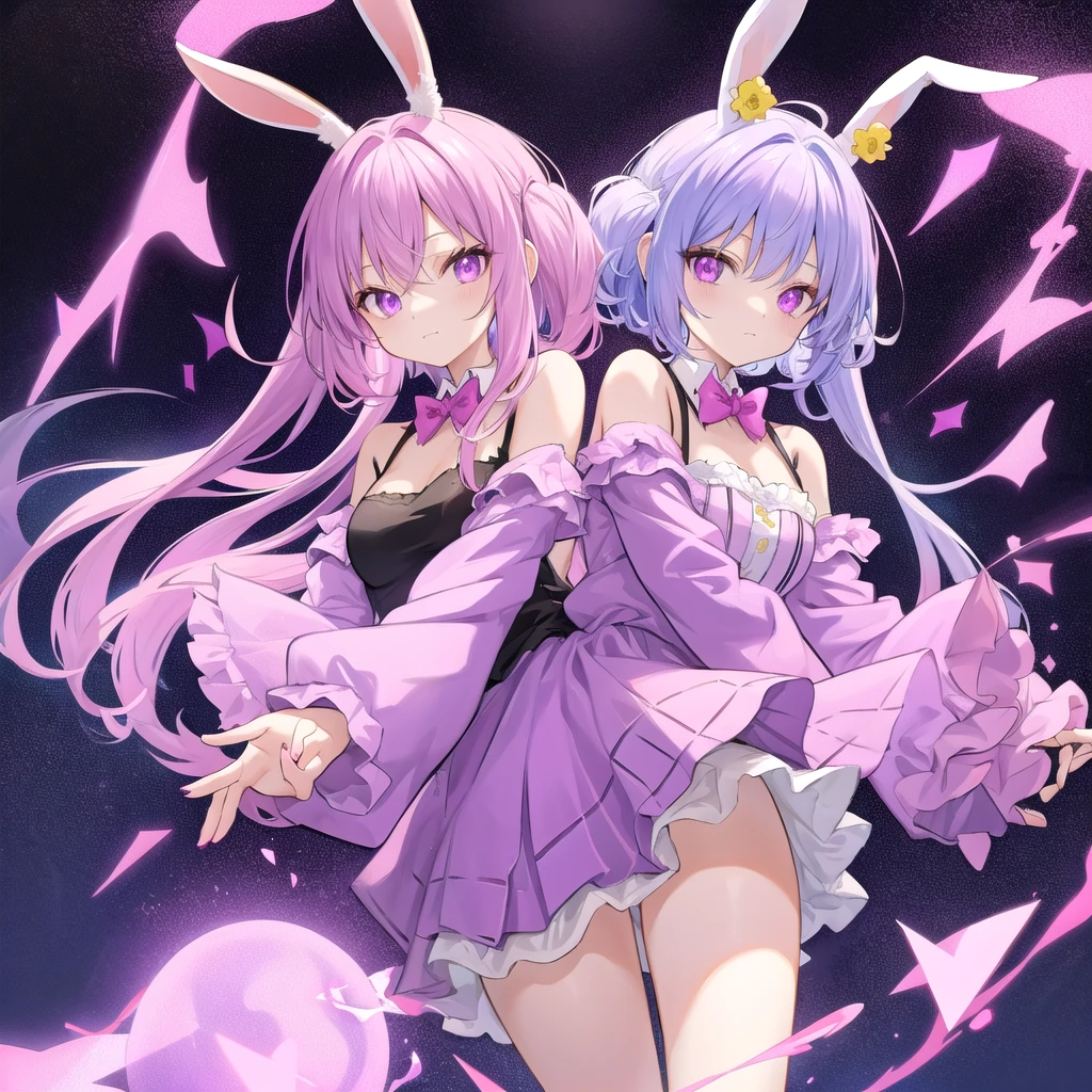 A light purple hair, shes a bunny also a demon, shes wearing purple casual outfits, her eyes are yellow and pink