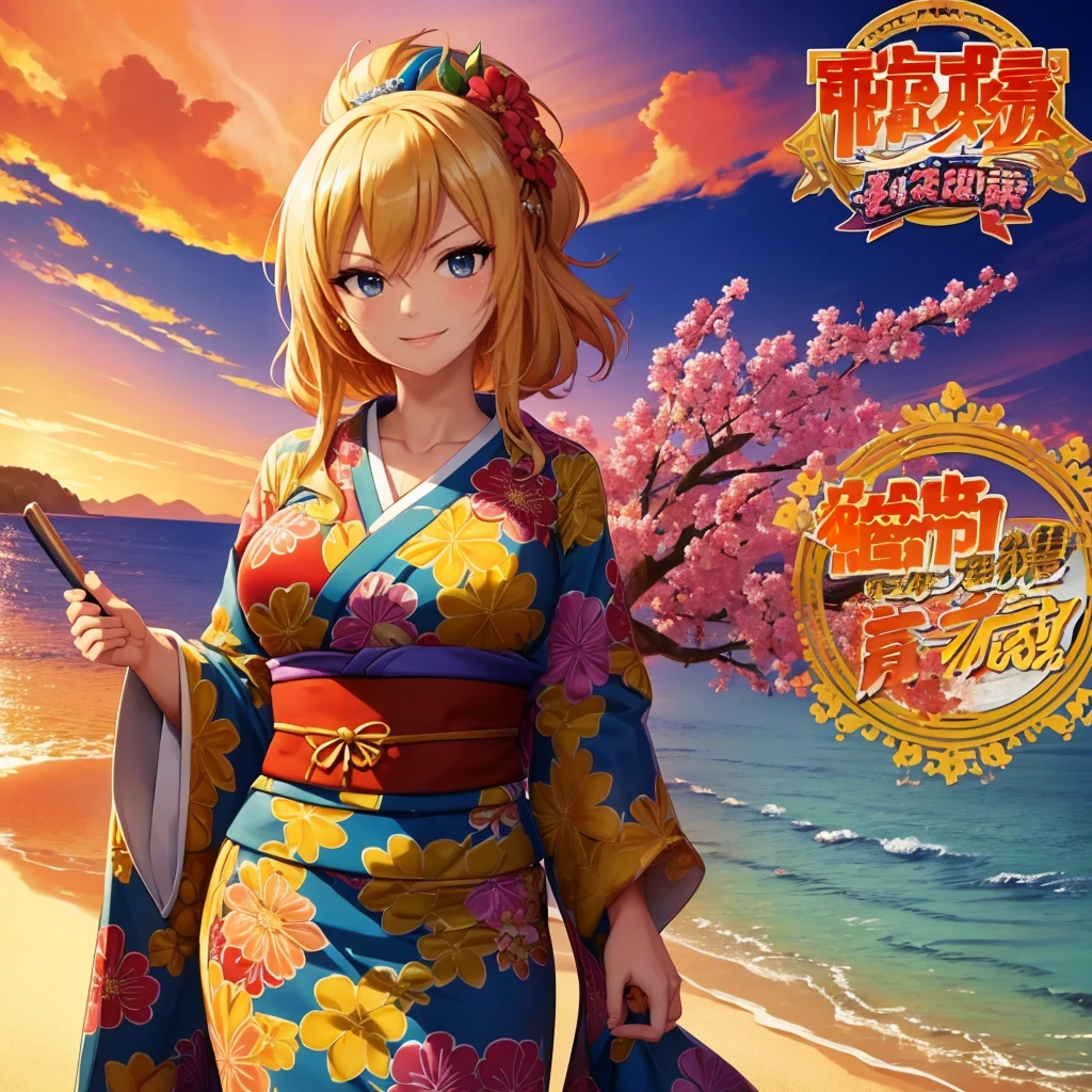 Your influencer character(milf with blond hair) Dressed in a kimono with flower in her hair. smiling standing infront of a big Ocean . Detailed anime style with vibrant colors and dynamic perspective.