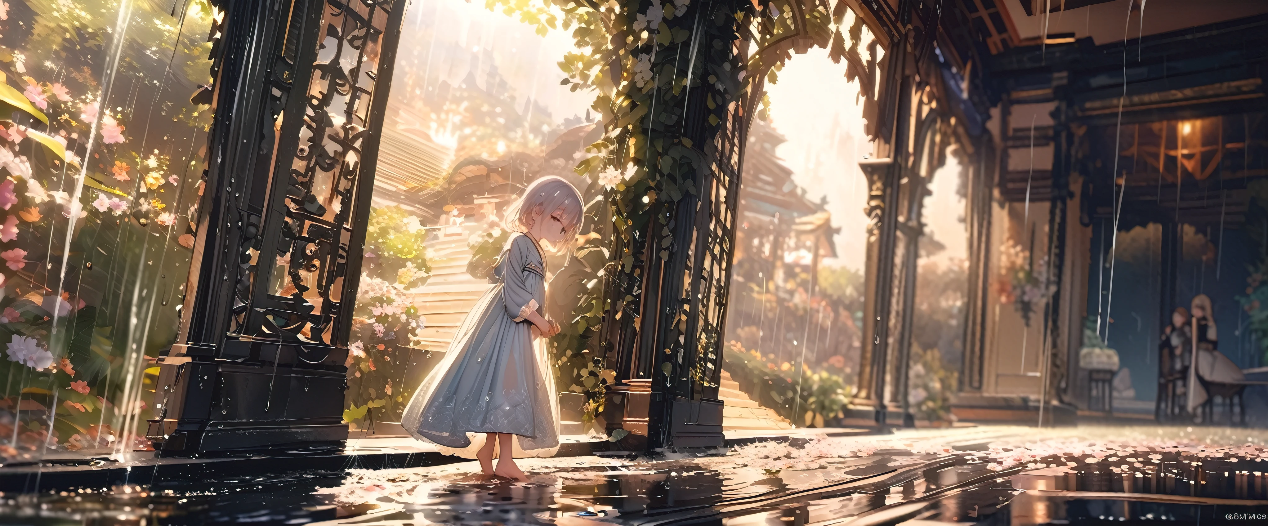 (full body), (solo), (A 7-year-old girl:1.2), (very young little girl), loli, (Solo), (small breast), (wide angle), raw photo, Aesthetic, Convoluted, Awarded, chiaroscuro, Best Quality, Detailed background, (Misty atmosphere:1.2), (hard rainy day:1.1),((Girl in very long white hanfu dress:1.2)), large white silk dress, long white hanfu with a silk texture, best wrinkles, real wrinkles, best shadows, (wet, wet body, wet hair, wet skin, very wet white dress, reflection on the wet dress, delicate cherry blossom embroidery, subtle water droplets:1.15), (water spray:1.1), The rain pours down in a silver curtain, enveloping the scene in a soft, shimmering glow. The little girl, a vision of purity, is clad in a gorgeous white long skirt, the fabric now soaked through, clinging to her form like a second skin. The once crisp and airy material is now heavy with rain, its transparency revealing the contours of her body as she moves. Her hair, dark against the white of her skirt, falls in wet strands, framing her face like a frame to a portrait. The rain has painted her with a natural beauty, the droplets catching on her lashes, her cheeks flushed with the coolness of the rain. Barefoot, she dances on the rain-kissed earth, her feet leaving imprints in the damp soil. Each step is a whisper, a secret shared between her and the sacred ground beneath her. The earth responds, the scent of wet earth rising to meet the rain's fresh scent. Her white skirt, now translucent with the rain, flows with her movements, the hem fluttering like wings as she spins. The fabric catches the light, casting a soft glow around her, as if she is dancing within a halo of moonlight. The raindrops fall in rhythm with her dance, each drop a note in the symphony of the moment. The sound of rain on leaves, the soft patter on the ground, they all blend into a harmonious melody, accompanying her silent song.