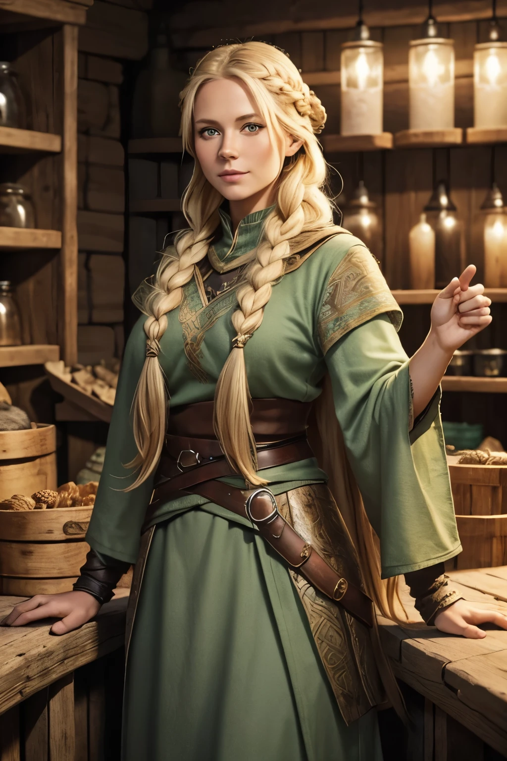 A beautiful 30 years old nordic woman. Long blonde hair. Braided. Green eyes. Warm-hearted. Kind. Friendly. Outfit of a Viking merchant. In an viking shop.