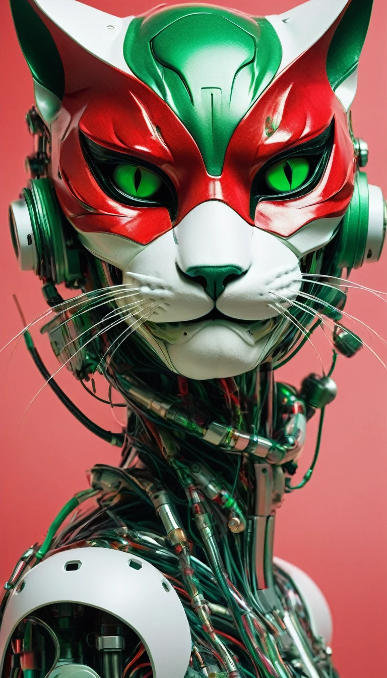 a close up of a person wearing a cat mask, digital art, trending on behance, a still life of a robot, red green, portrait of a white cat, infrared, detailed high definition representation of decayed muscle tissue, Strong color contrast, weird and disturbing atmosphere, novel visual art that shocks the eyes, ultra-high definition and ultra-delicate skin