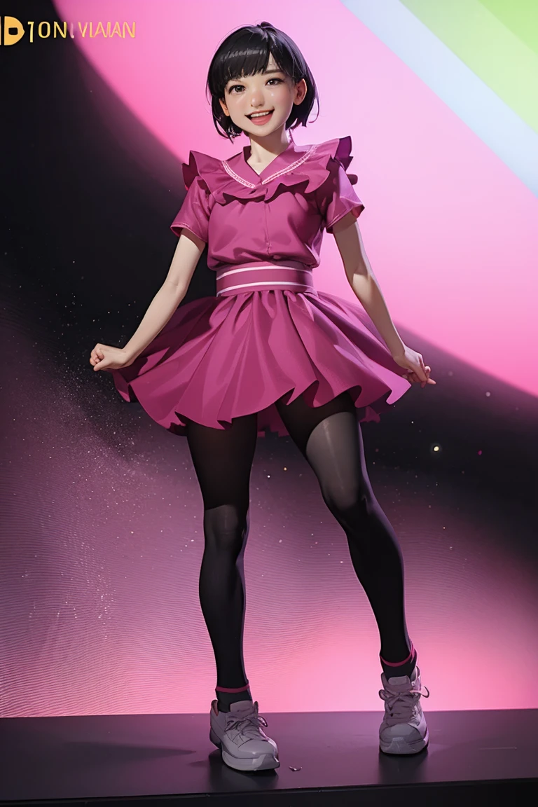 One woman、18-year-old、masterpiece、Highest quality、Ultra-detailed、Japanese、Like an idol、Black Hair、laughter、Short Hair、Clear, natural eyes、round face、Plump face、Very detailed、Beautiful detailed eyes、Beautiful detailed sparkle、Detailed light、Shiny Hair、Random pose、Random Angle、Very detailedな肌、(Curvaceous:1.0)、Headphones、Hip Hop Style、Colorful clothing、Dynamic pose、Slow motion、、(neon_background:1.1)Blur the background、Full Body Shot