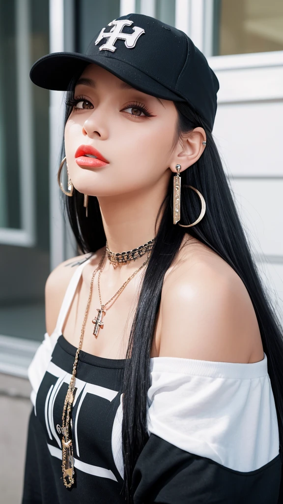 “A young woman with long black hair and gray eyes, wearing earrings. She has on an off-shoulder shirt and is styled like a rapper. She has tattoos on her arms and neck and wears a baseball cap backwards. She also has a cross necklace and is sticking out her tongue.”