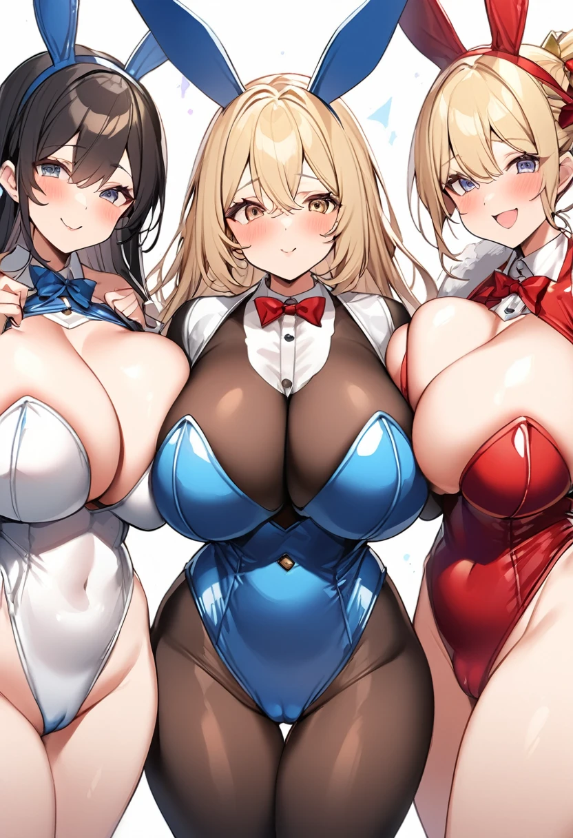 Bust Chart、Inner thighs、(Three Girls、3girls),blonde、Black Hair、Brown Hair、Bunny girl、White rabbit ears、Wrist cuff、Huge breasts:1.5、Saggy breasts:1.5、Long chest:1.3、Saggy breasts:1.5、Everyone please line up facing forward、(Mature Woman、Mature Woman:1.3)、Cabaret Club、White bunny suit、Black bunny suit、Light blue bunny suit