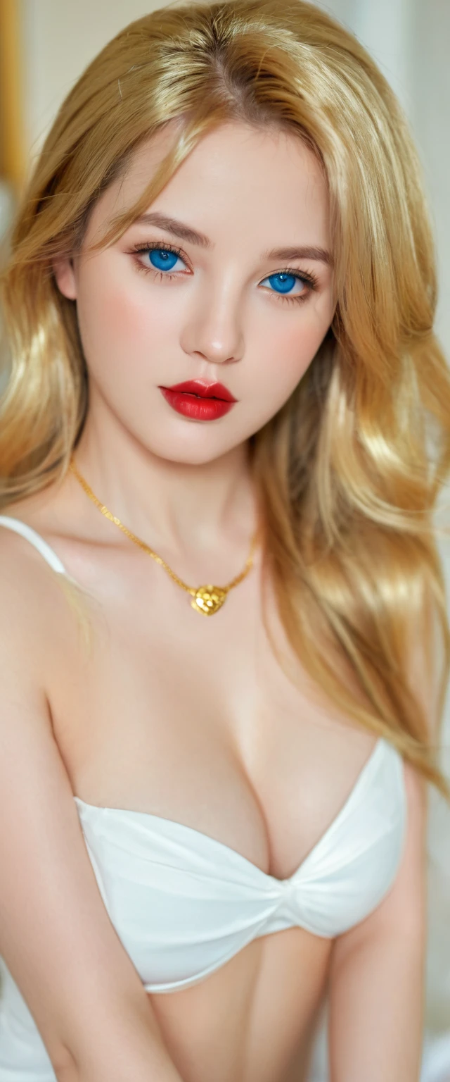 HDR, 1 Girl, Beautiful, Baby Face, 30 Years Old, White Skin, nude, beautiful breasts, beautiful Vagina, bedroom, gold Hair, blue eyes, red lipstick, Girly Feminine Pose, chubby girl, full body, Large Breastokeh:1.1)), ((adorable:1.1)), ((masterpiece:1.1))