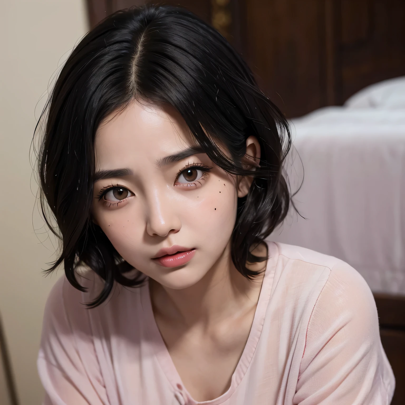 Amazing portrait of a young mature woman with short wavy hair black hair with a fascinated and a surprised expression wearing a pink blouse with a mature face who's experiencing orgasm with heart pupils as she's sweaty blushing with a mole under her eye wearing eyeliner with her mouth open and empty eyes