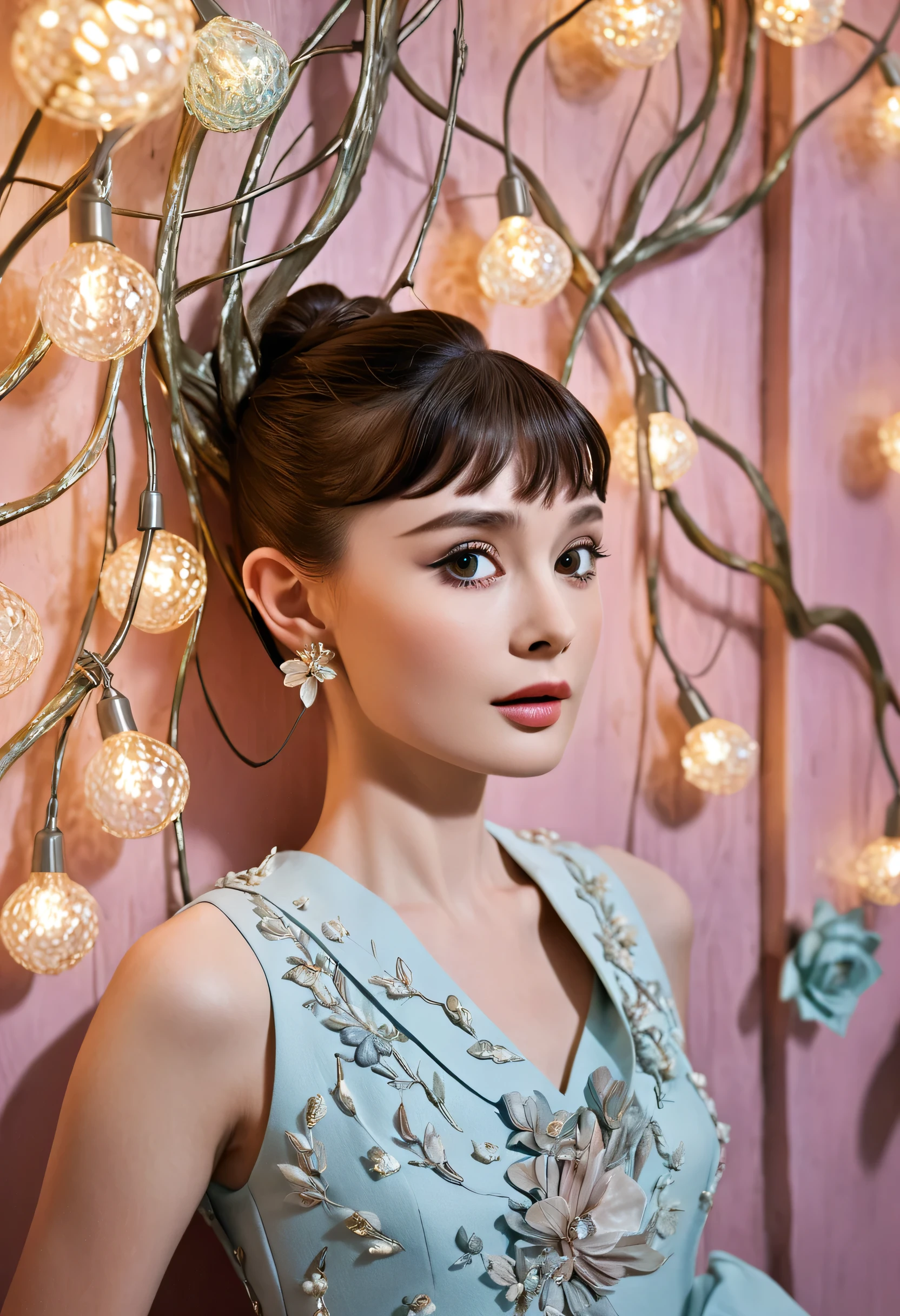 Model shooting style, Audrey Hepburn, (Extremely detailed 8k wallpaper), 《》insert, Team Okamura、Marco Mazzoni and Joan Lossel, Fashion, number, Photorealism, Evocative, Fairy tale lights, Pastel palette, Intricate details, numberArt, CG Society, masterpiece, diversity, ((Perfect face))