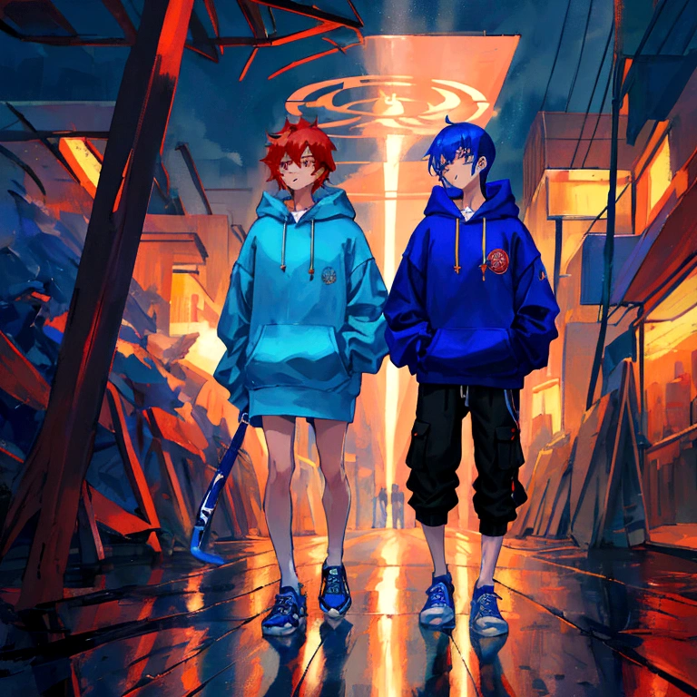 18 year old male anime wearing a blue hoodie with the word "RAFIF" on the chest, Hoodie has a shining effect, Wearing Sneakers, Blue and Red Hair, Headphones around the neck, holding a shining fire katana, rainy night atmosphere.