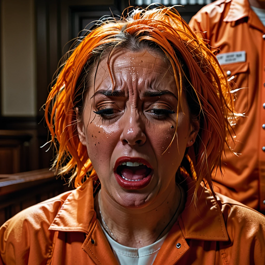 a crazy women wearing an orange prisoner suit, crying maniacally, in a courtroom setting, highly detailed, realistic, 4k, portrait, masterpiece, cinematic lighting, dramatic shadows, photorealistic, extreme detailed facial features, sinister expression, tousled hair, dramatic depth of field, moody atmosphere, gritty textures, intense colors