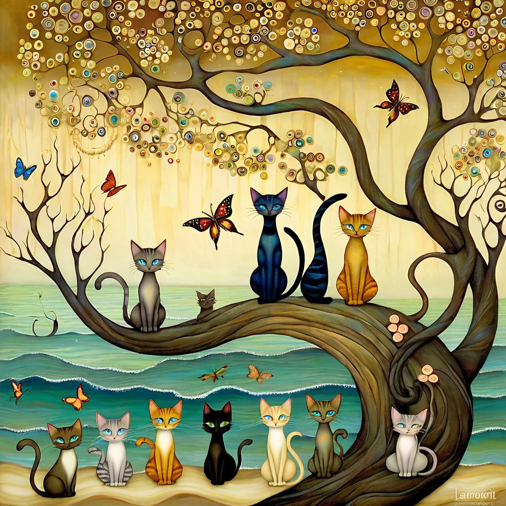 a beautiful patchwork of Some cats from the long neckand tail, climbing the branches of a fallen tree. Seascape background, beach, sand castles, butterflies and dragonflies. Warm colors. style Klimt, Nicoletta Ceccoli, Naoto Hattori, Lawrence Didier, Leonora Carrington.
