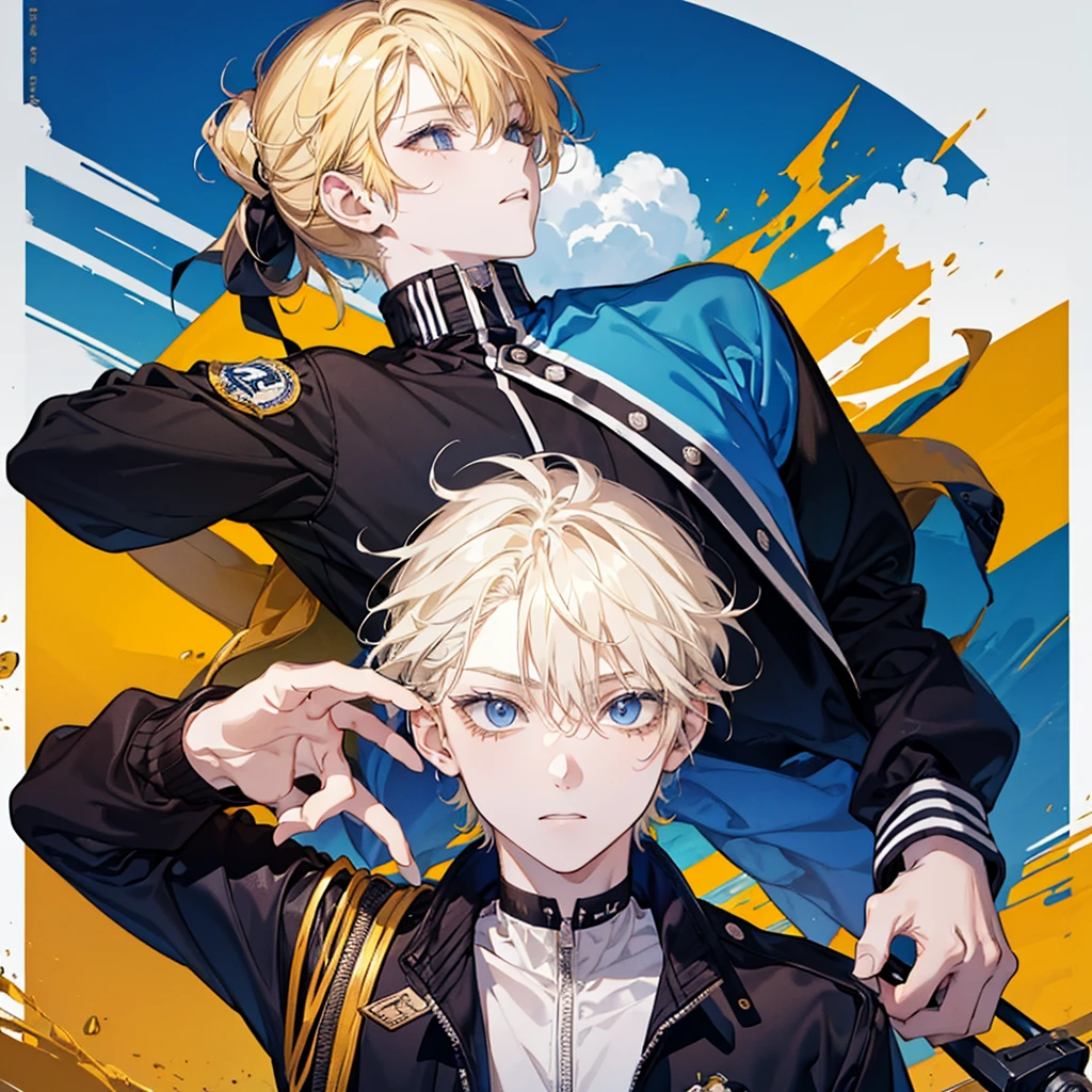 A boy, with ponytail, His hair is yellow, his eyes are blue, he wears a baseball jacket and,school, vintage boy!!!!!