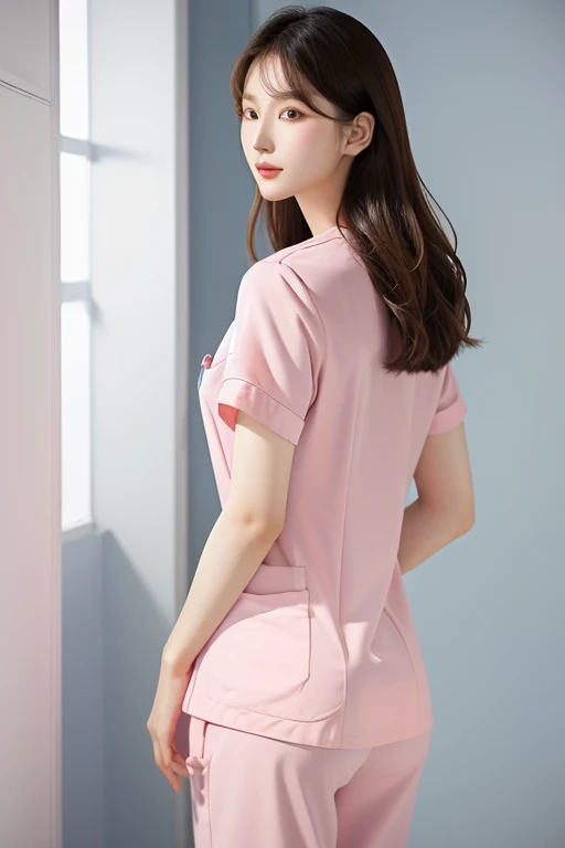 dancing, Beautiful Korean female doctor wearing pink scrubs, beautiful detailed face, Korean woman, pale skin, realistic skin, detailed cloth texture, detailed hair texture, Perfect proportion, Beautiful Face, accurate, Anatomically correct, Highly detailed face and skin texture, from behind , looking at viewer